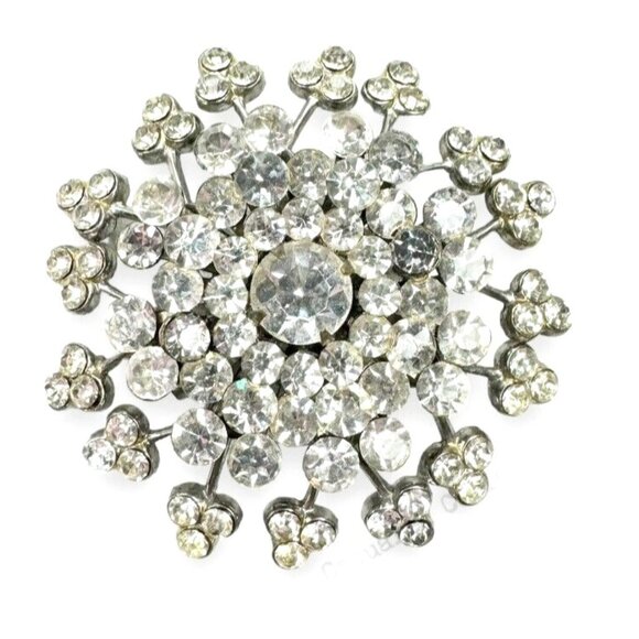 Silver Tone Clear Crystal Riveted Layered Snowflake Star Burst Brooch Vintage - Picture 1 of 8
